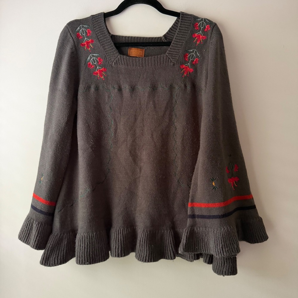 POL Clothing Sweater Womens Medium Gray Floral Embroidered Ruffle Bell Sleeve EX
